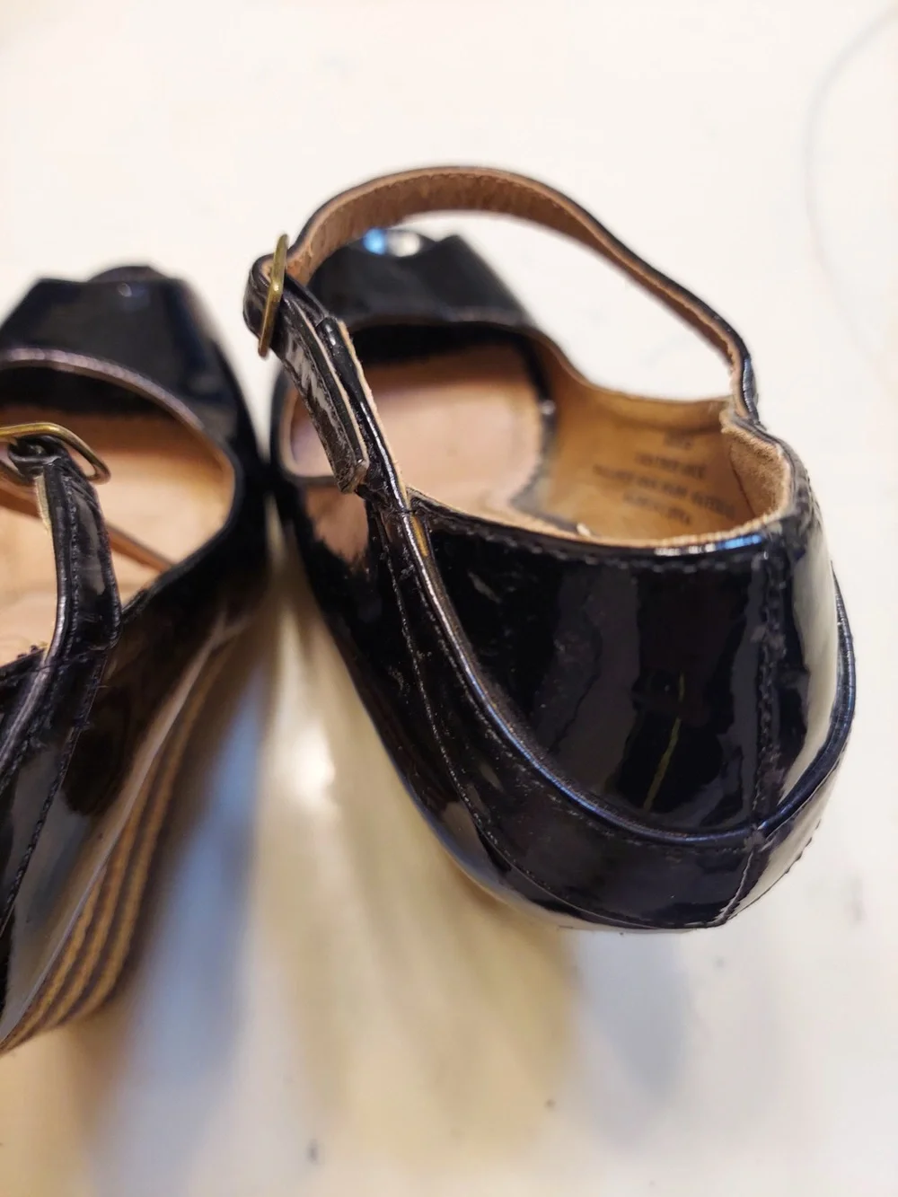 Restricted Black Patent Peep Toe Wedges with Striped Espadrille Heel